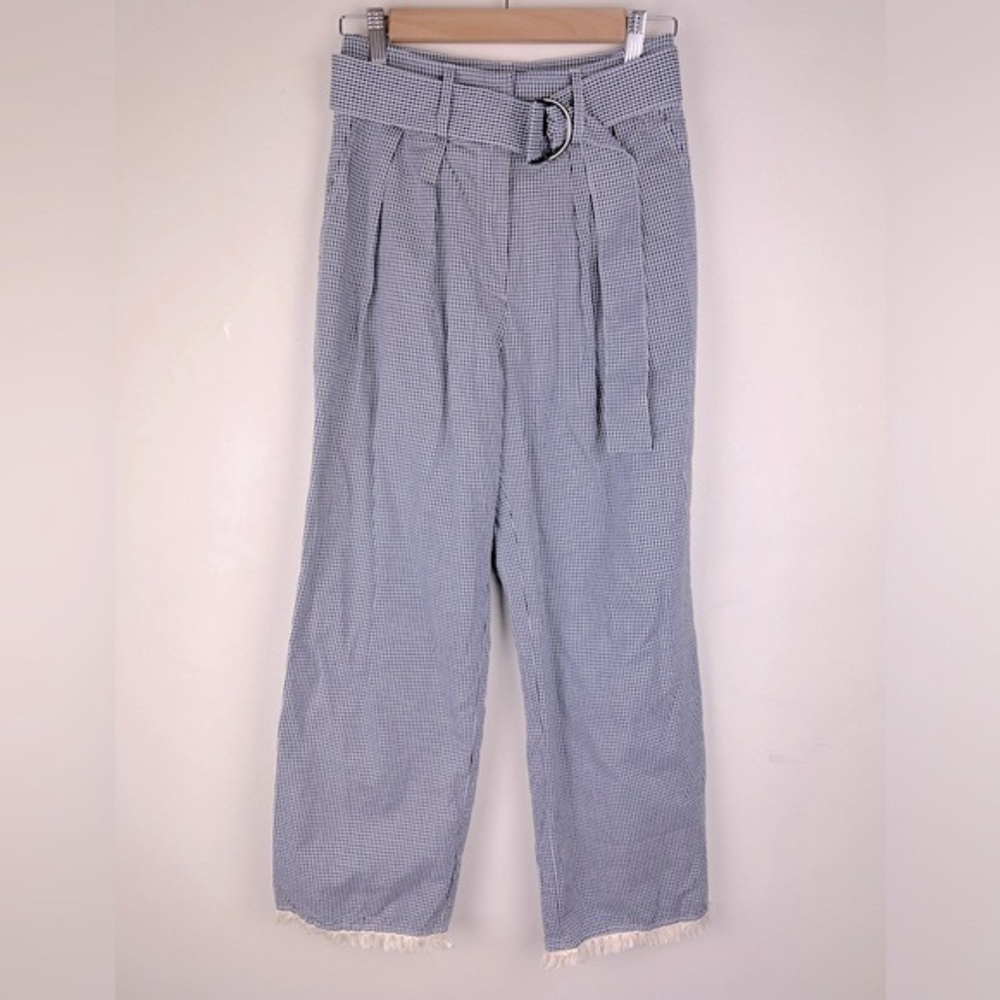 Tularosa | Coastal Preppy Gingham Picnic Pants Fringe Hem Navy & White | S